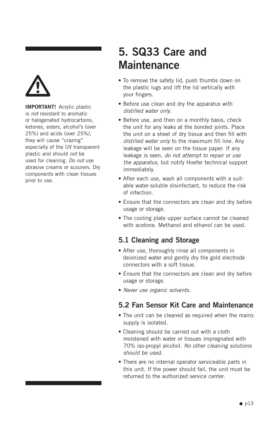 Sq33 care and maintenance, 1 cleaning and storage, 2 fan sensor kit care and maintenance | Hoefer SQ33 Sequencer User Manual | Page 24 / 30