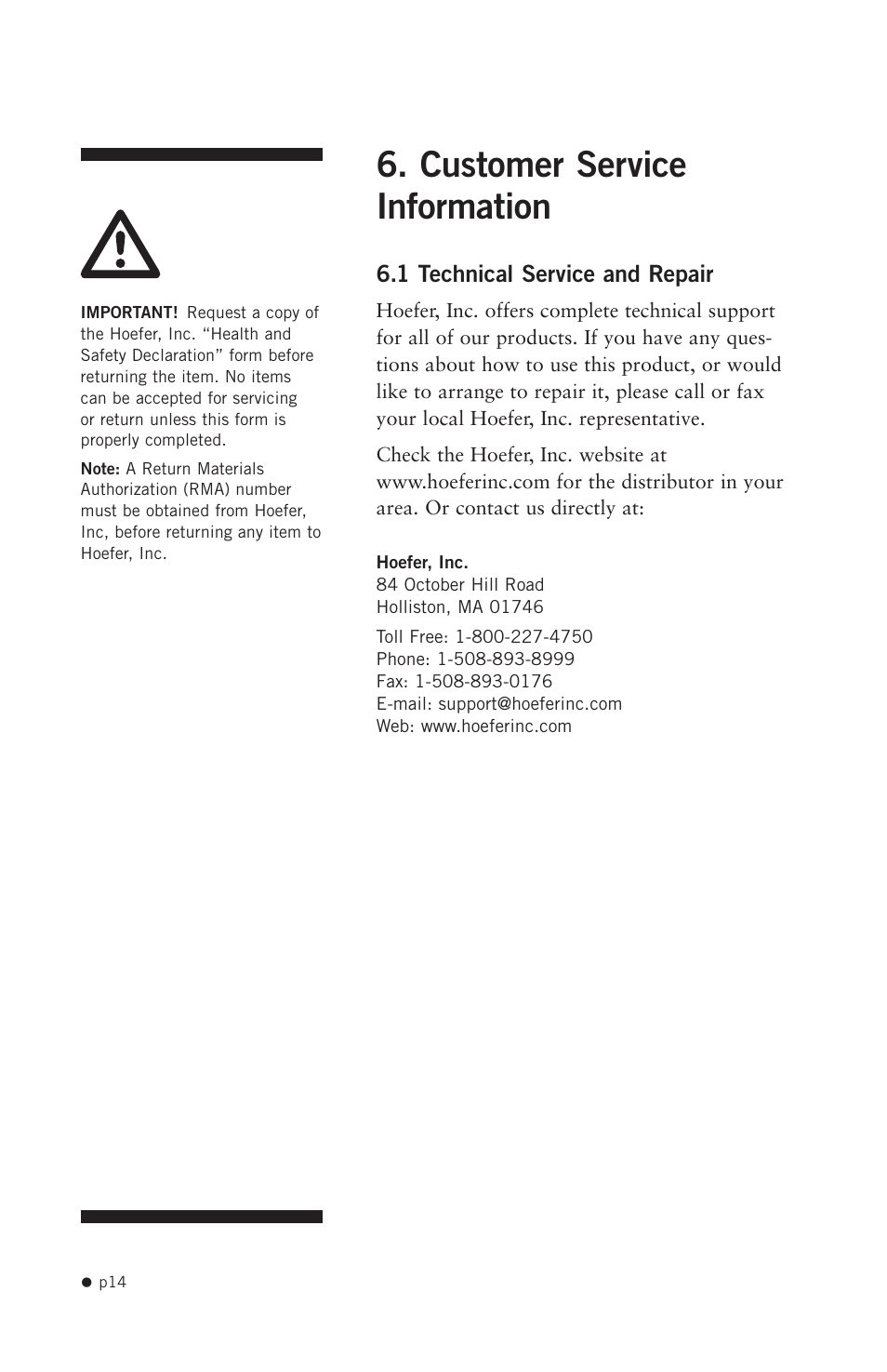 Customer service information | Hoefer SQ33 Sequencer User Manual | Page 25 / 30