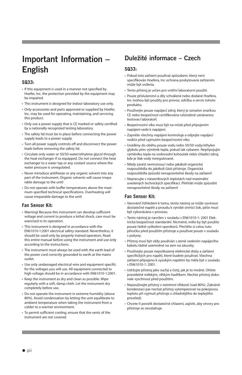 Important information – english, Duležité informace – czech, Sq33 | Fan sensor kit | Hoefer SQ33 Sequencer User Manual | Page 3 / 30