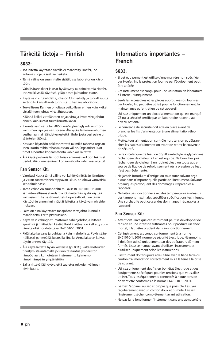 Tärkeitä tietoja – finnish, Informations importantes – french, Sq33 | Fan sensor kit | Hoefer SQ33 Sequencer User Manual | Page 5 / 30