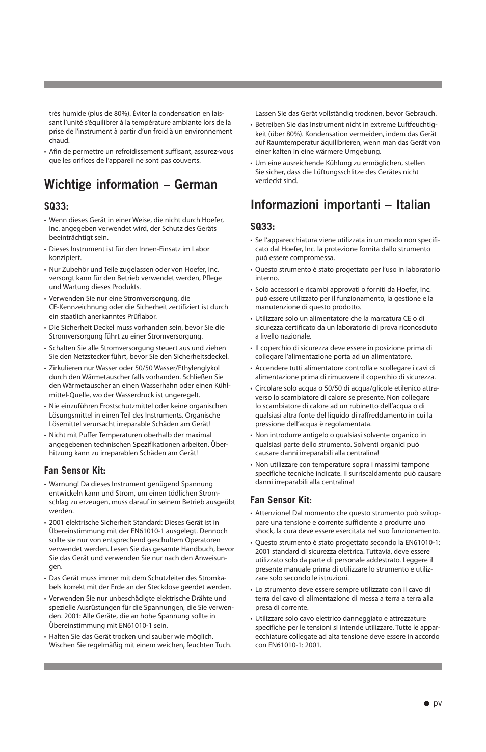 Wichtige information – german, Informazioni importanti – italian, Sq33 | Fan sensor kit | Hoefer SQ33 Sequencer User Manual | Page 6 / 30