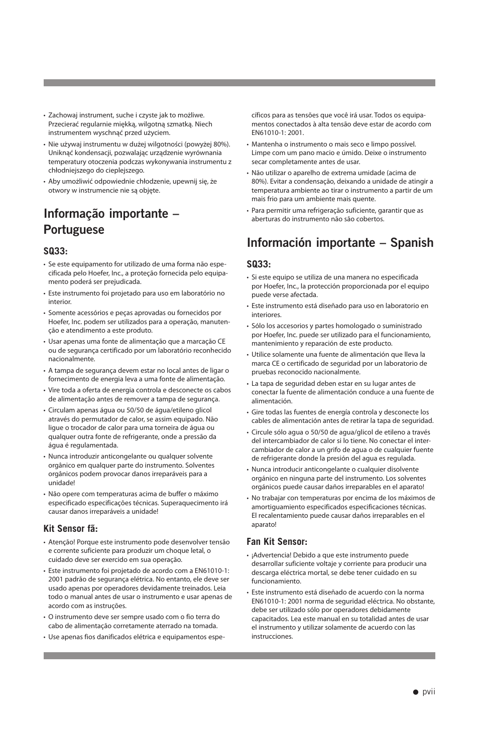 Informação importante – portuguese, Información importante – spanish, Sq33 | Kit sensor fã, Fan kit sensor | Hoefer SQ33 Sequencer User Manual | Page 8 / 30