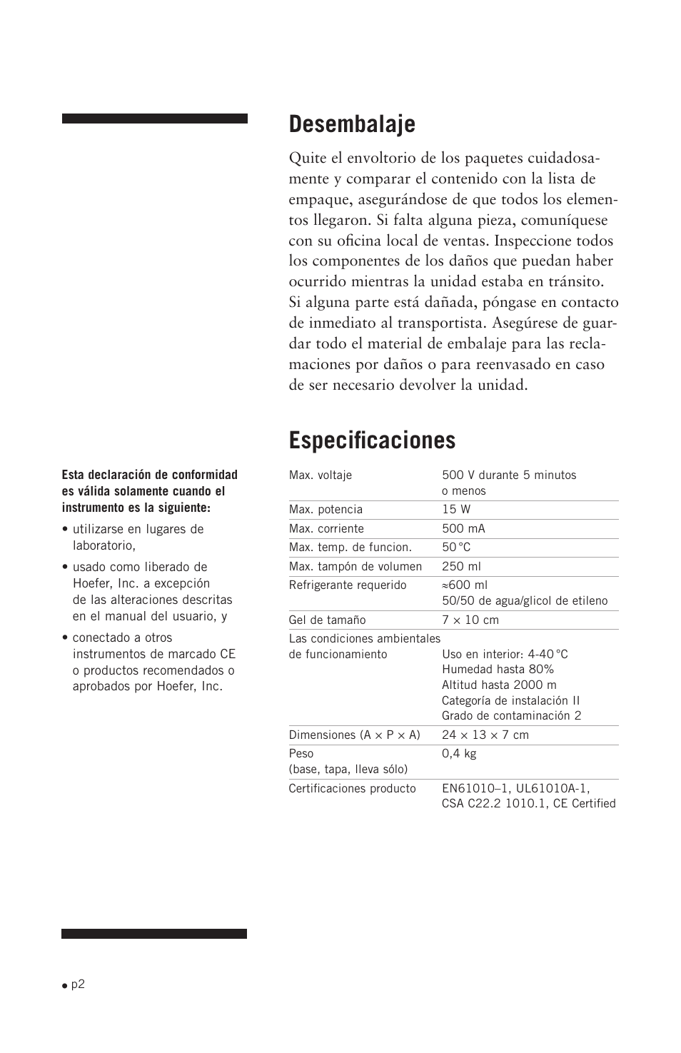 Desembalaje, Especificaciones | Hoefer HE33 User Manual | Page 10 / 26