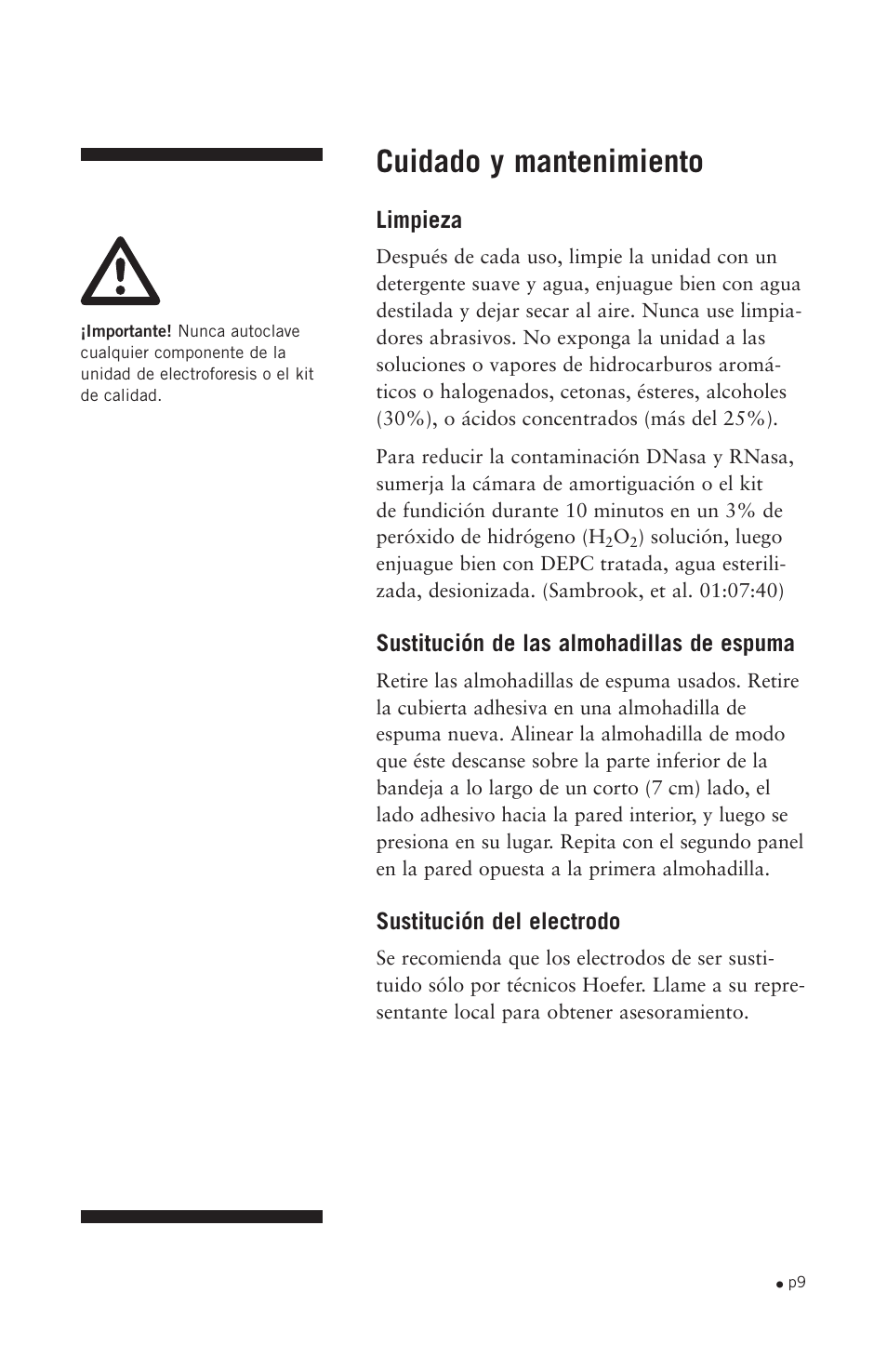 Cuidado y mantenimiento, Limpieza, Sustitución de las almohadillas de espuma | Sustitución del electrodo | Hoefer HE33 User Manual | Page 17 / 26