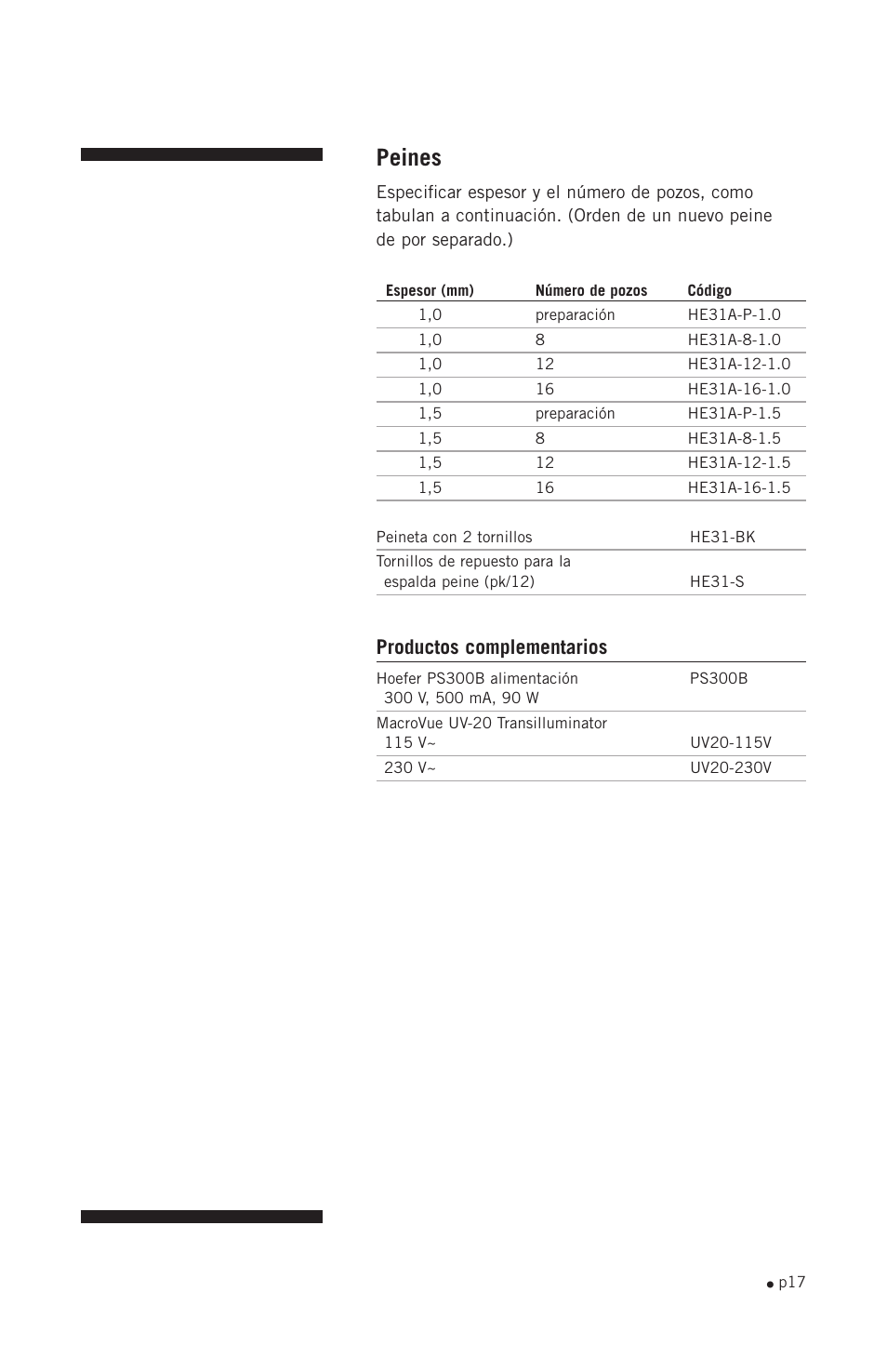 Peines, Productos complementarios | Hoefer HE33 User Manual | Page 25 / 26