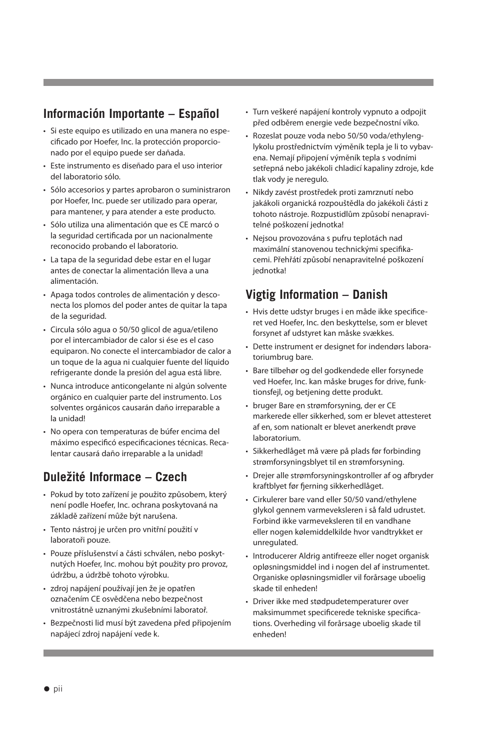 Información importante – español, Duležité informace – czech, Vigtig information – danish | Hoefer HE33 User Manual | Page 3 / 26