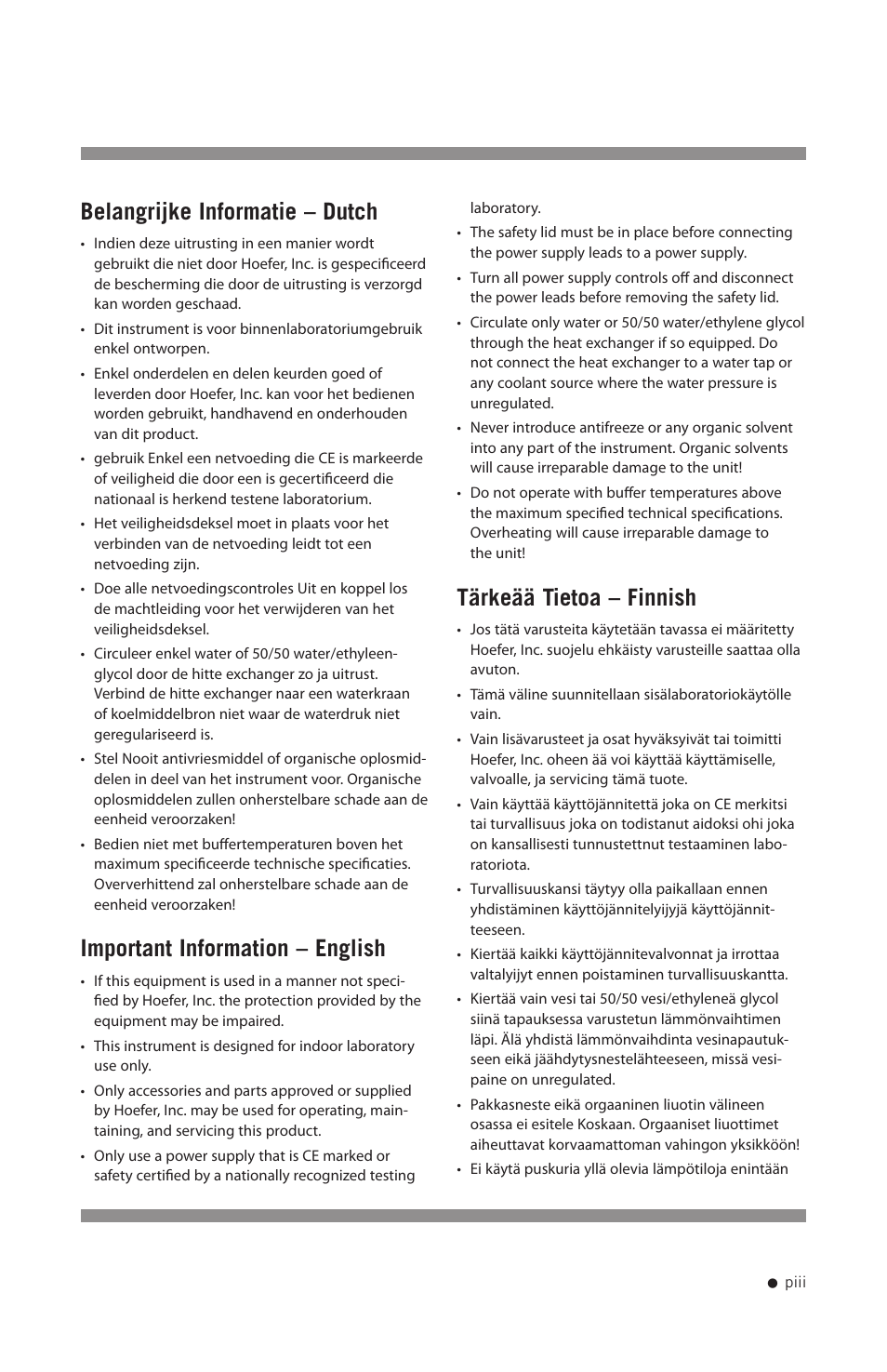 Belangrijke informatie – dutch, Important information – english, Tärkeää tietoa – finnish | Hoefer HE33 User Manual | Page 4 / 26