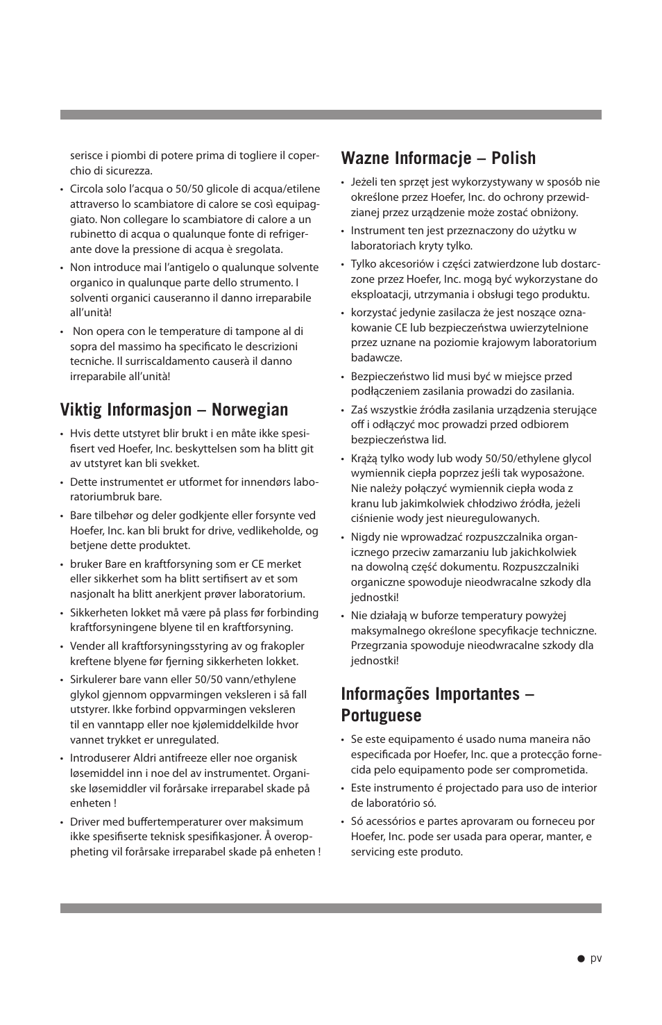 Viktig informasjon – norwegian, Wazne informacje – polish, Informações importantes – portuguese | Hoefer HE33 User Manual | Page 6 / 26