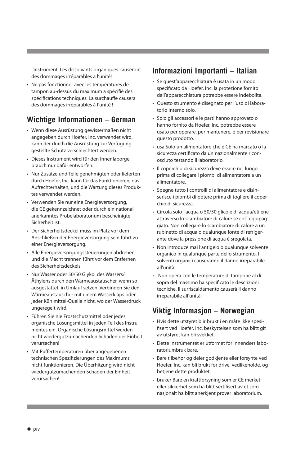 Wichtige informationen – german, Informazioni importanti – italian, Viktig informasjon – norwegian | Hoefer HE33 User Manual | Page 5 / 26