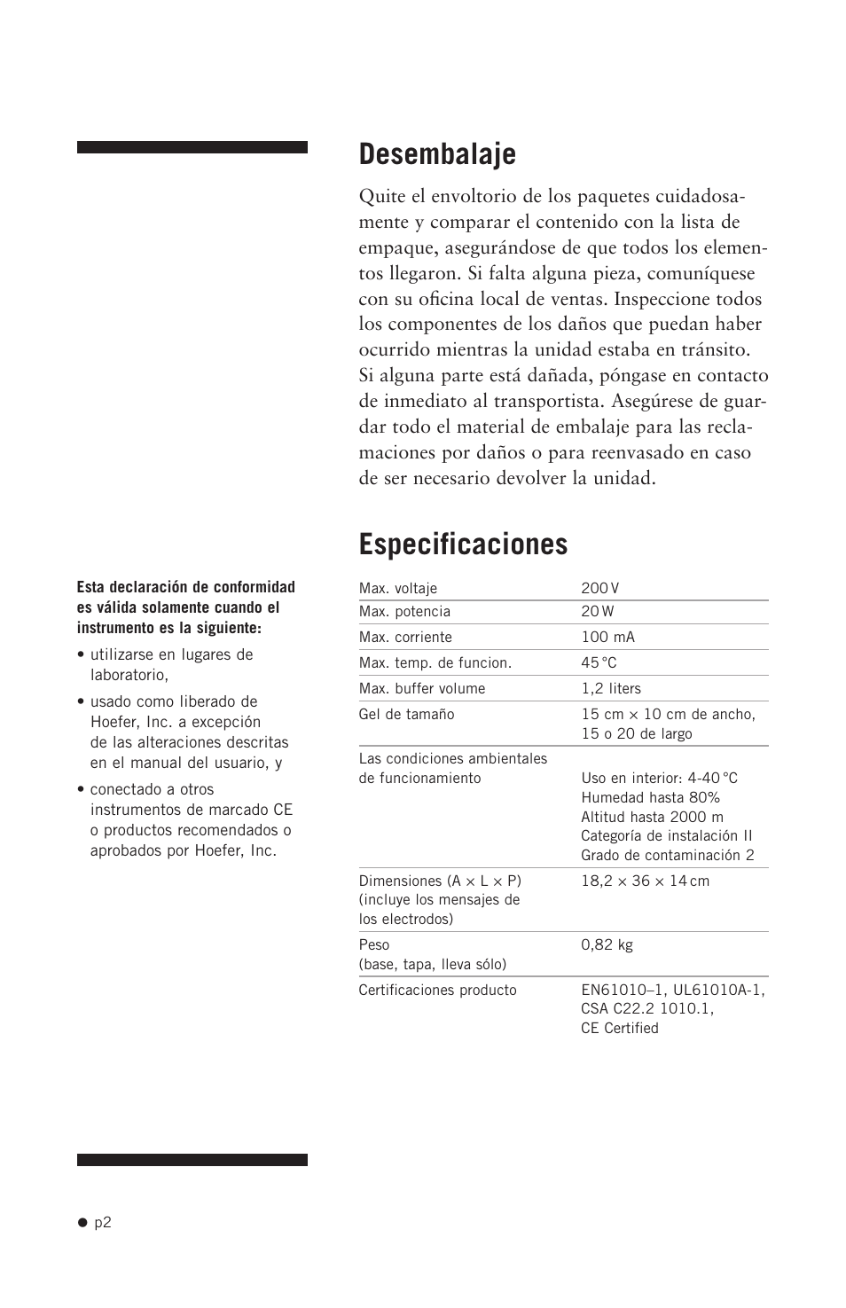 Desembalaje, Especificaciones | Hoefer HE99X User Manual | Page 10 / 26