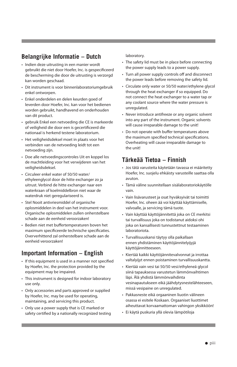 Belangrijke informatie – dutch, Important information – english, Tärkeää tietoa – finnish | Hoefer HE99X User Manual | Page 4 / 26