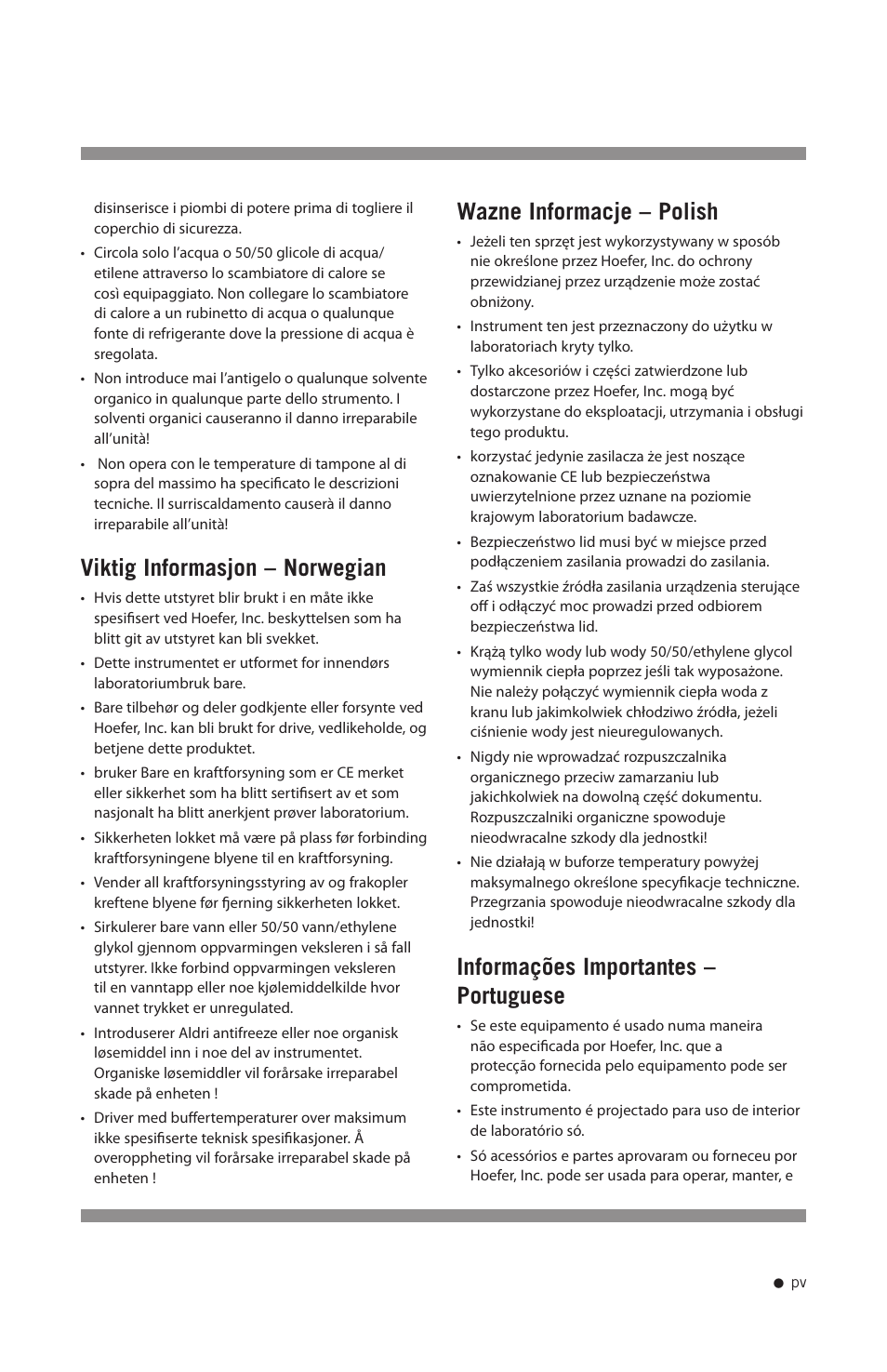 Viktig informasjon – norwegian, Wazne informacje – polish, Informações importantes – portuguese | Hoefer HE99X User Manual | Page 6 / 26