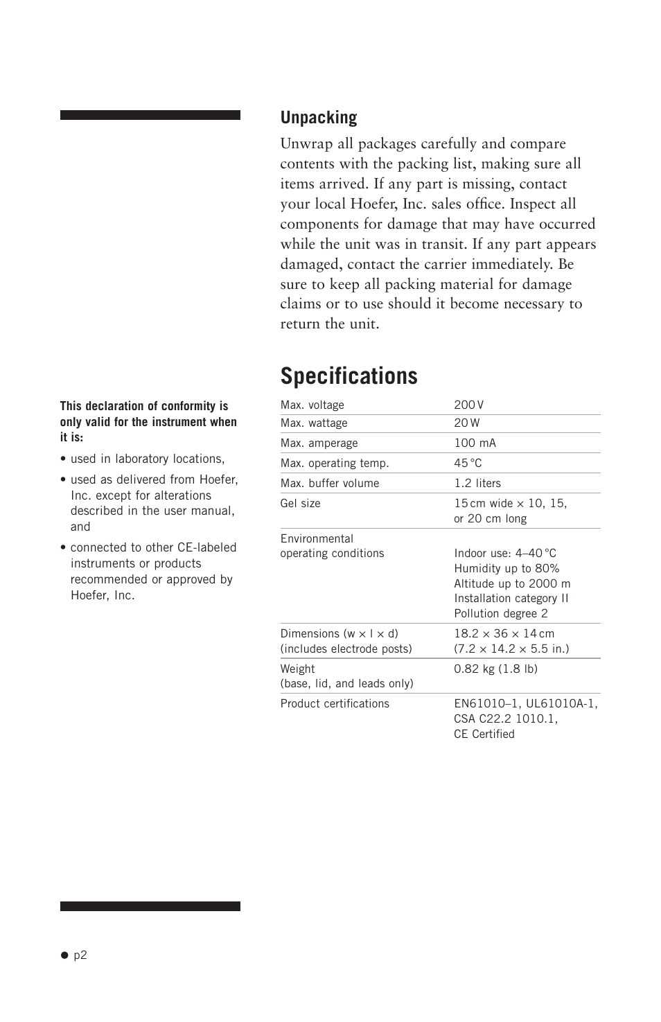 Specifications, Unpacking | Hoefer HE99X User Manual | Page 10 / 26