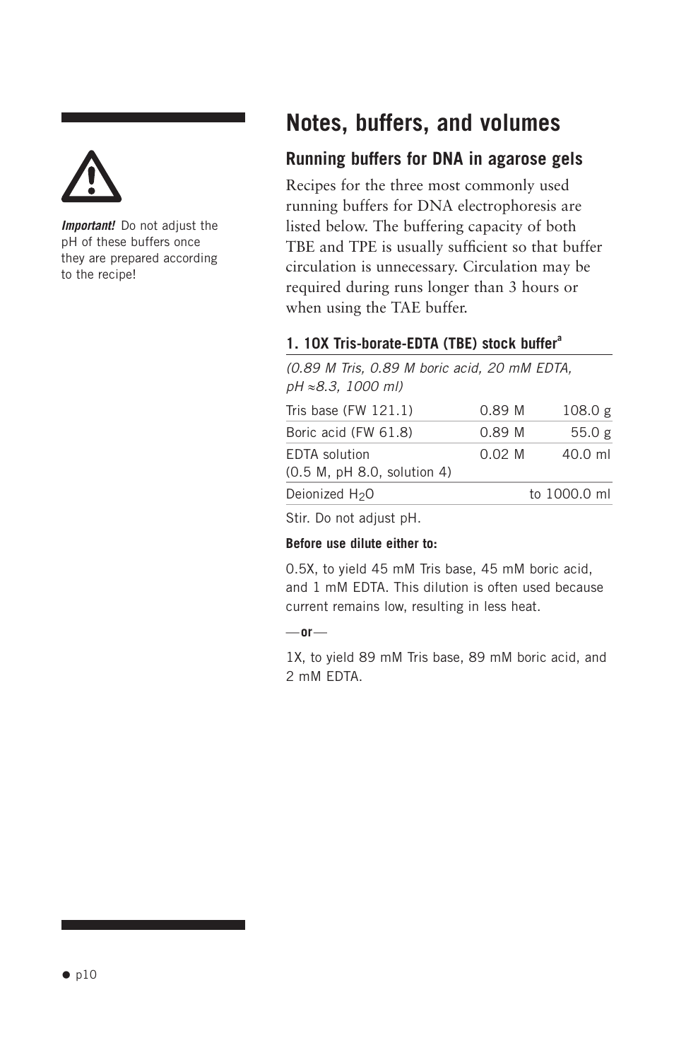 Buffers, volumes, and notes, Running buffers for dna in agarose gels | Hoefer HE99X User Manual | Page 18 / 26