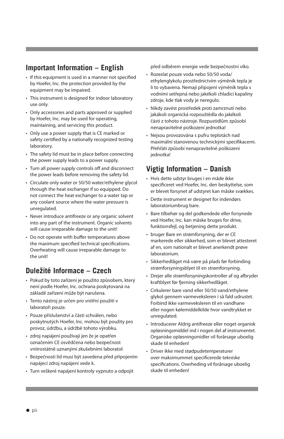 Important information – english, Duležité informace – czech, Vigtig information – danish | Hoefer HE99X User Manual | Page 3 / 26