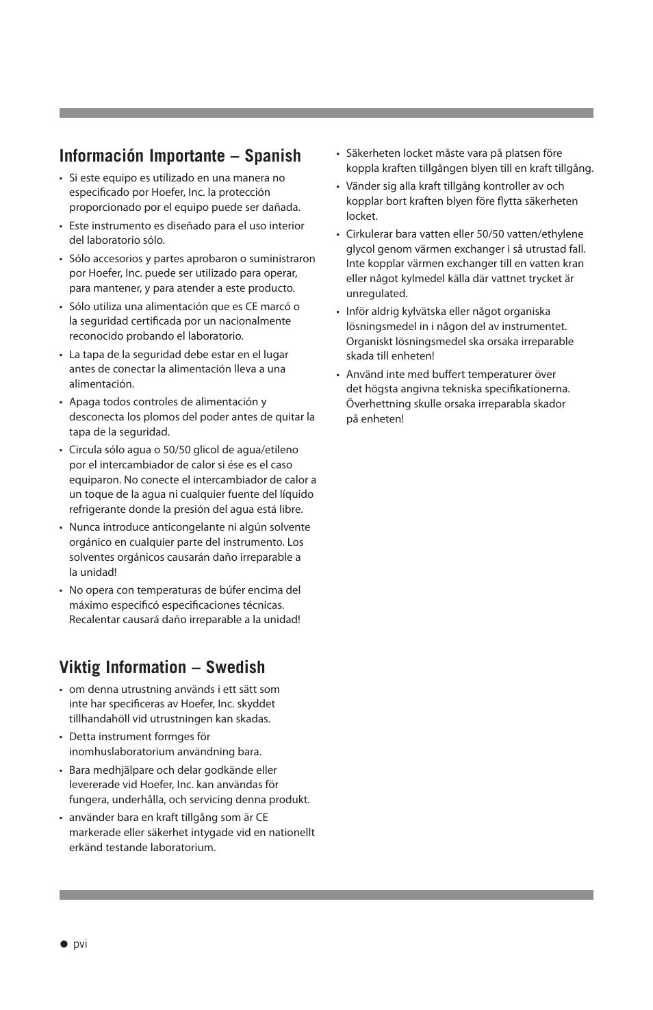 Información importante – spanish, Viktig information – swedish | Hoefer HE99X User Manual | Page 7 / 26