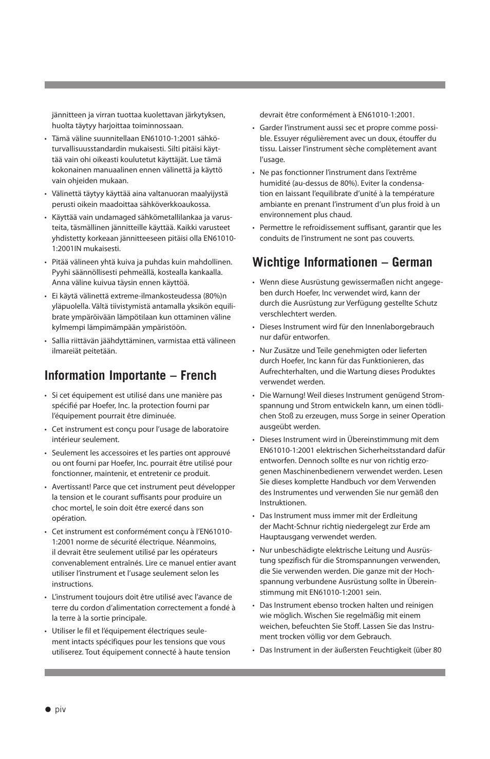 Information importante – french, Wichtige informationen – german | Hoefer HE-PLUS System User Manual | Page 5 / 26