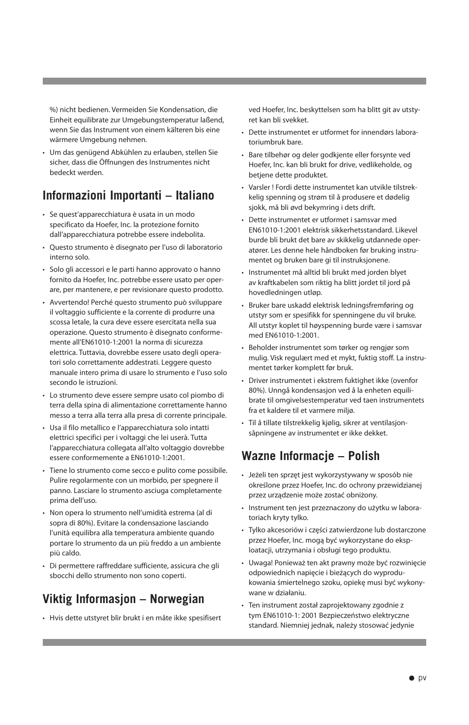 Informazioni importanti – italiano, Viktig informasjon – norwegian, Wazne informacje – polish | Hoefer HE-PLUS System User Manual | Page 6 / 26