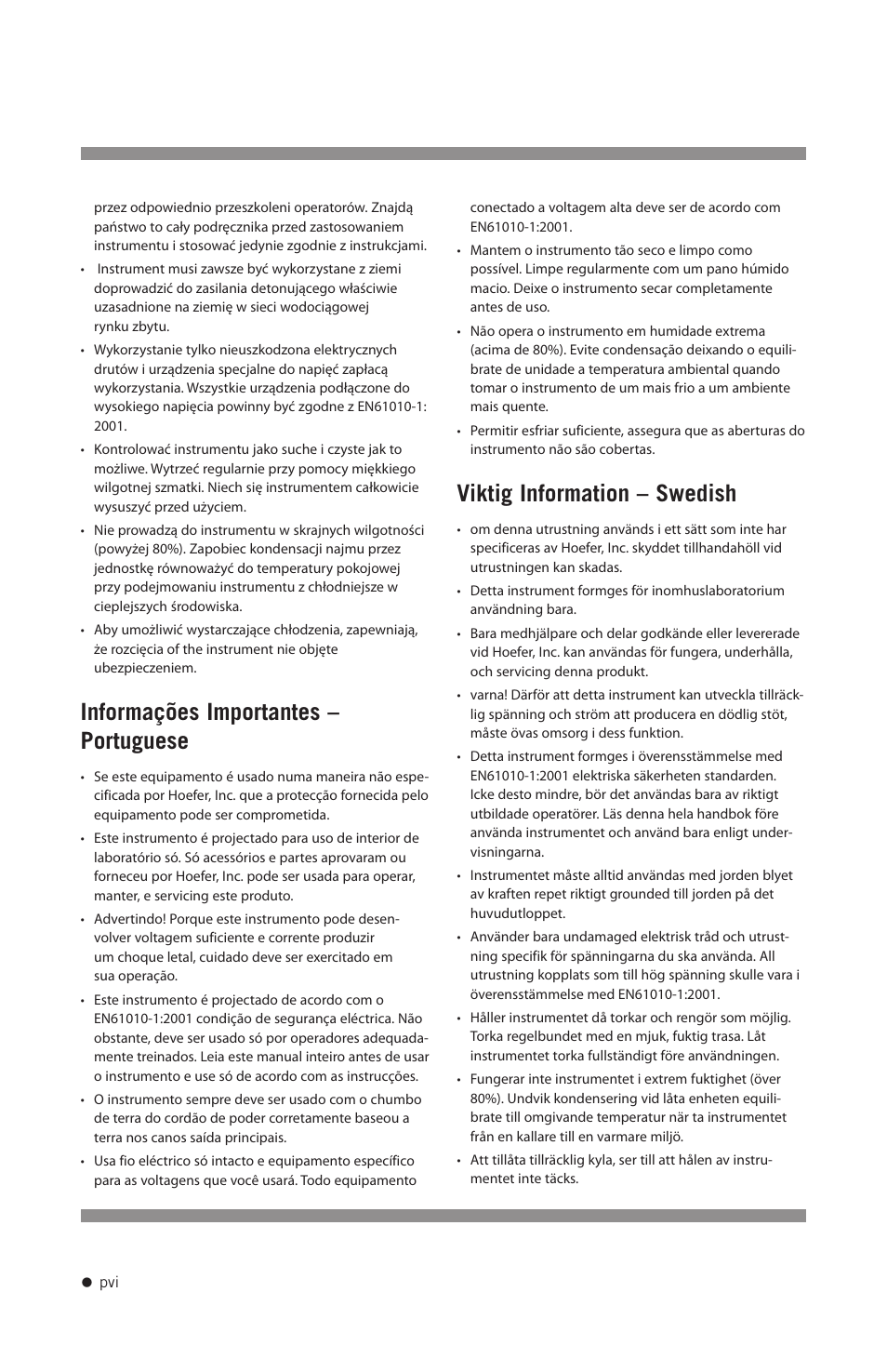Informações importantes – portuguese, Viktig information – swedish | Hoefer HE-PLUS System User Manual | Page 7 / 26
