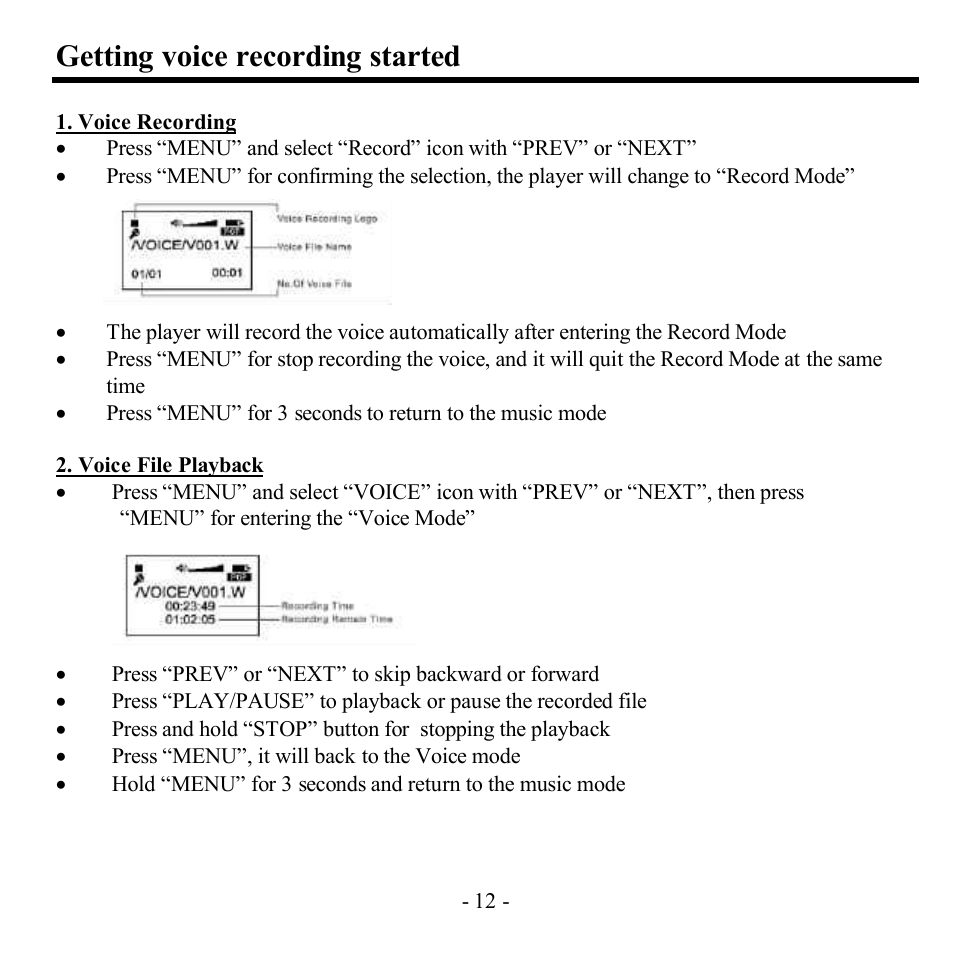 Getting voice recording started | Hyundai H-F1382 User Manual | Page 12 / 73