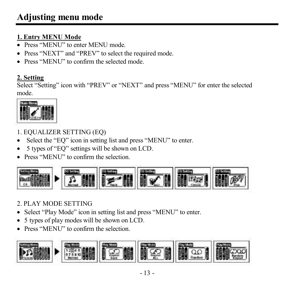 Adjusting menu mode | Hyundai H-F1382 User Manual | Page 13 / 73