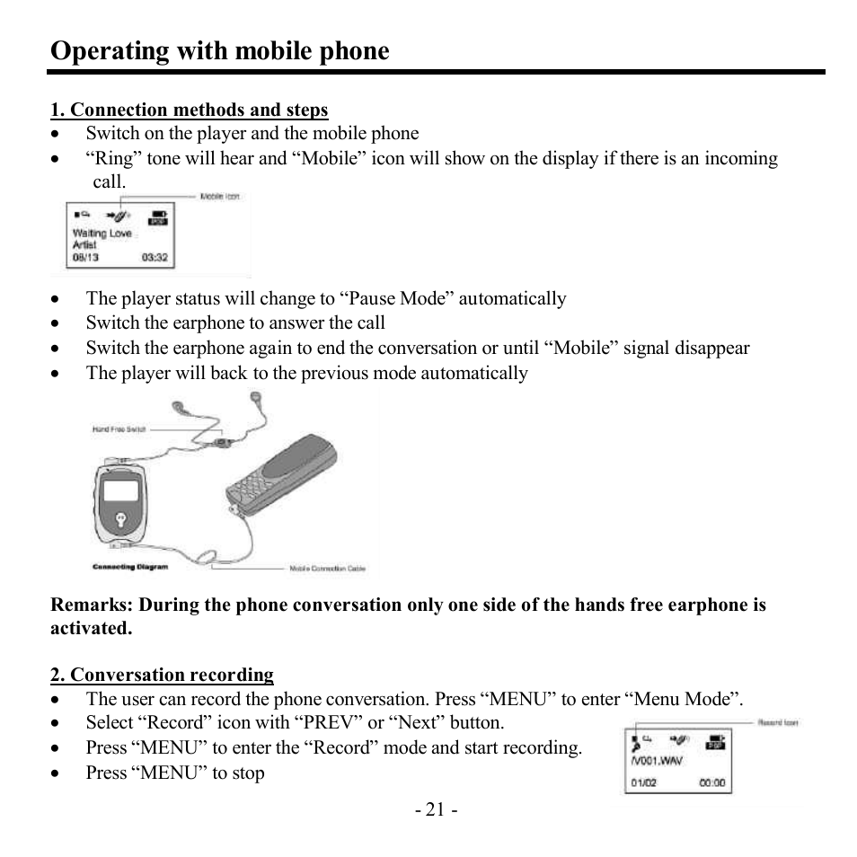 Operating with mobile phone | Hyundai H-F1382 User Manual | Page 21 / 73