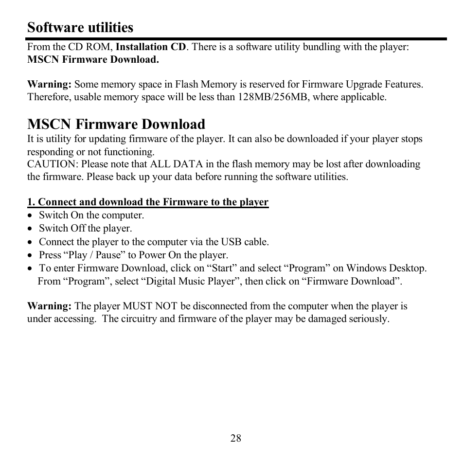 Software utilities, Mscn firmware download | Hyundai H-F1382 User Manual | Page 28 / 73