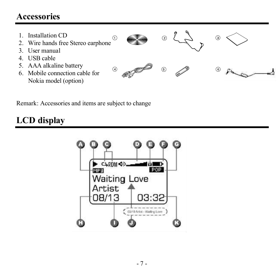 Accessories, Lcd display | Hyundai H-F1382 User Manual | Page 7 / 73