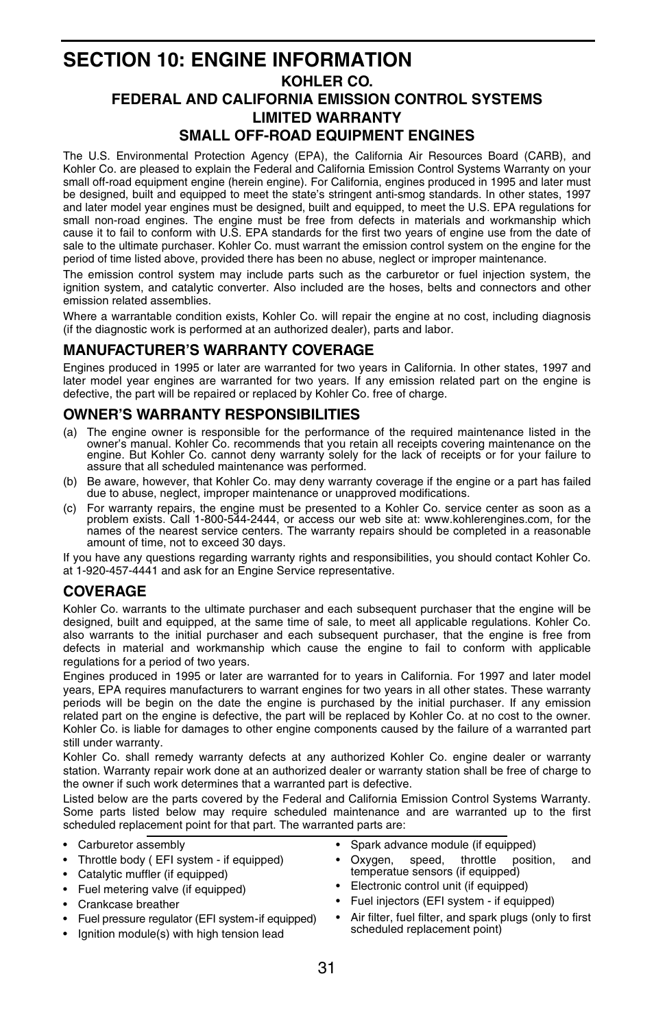 Manufacturer’s warranty coverage, Owner’s warranty responsibilities, Coverage | Cub Cadet GT 3200 User Manual | Page 31 / 48