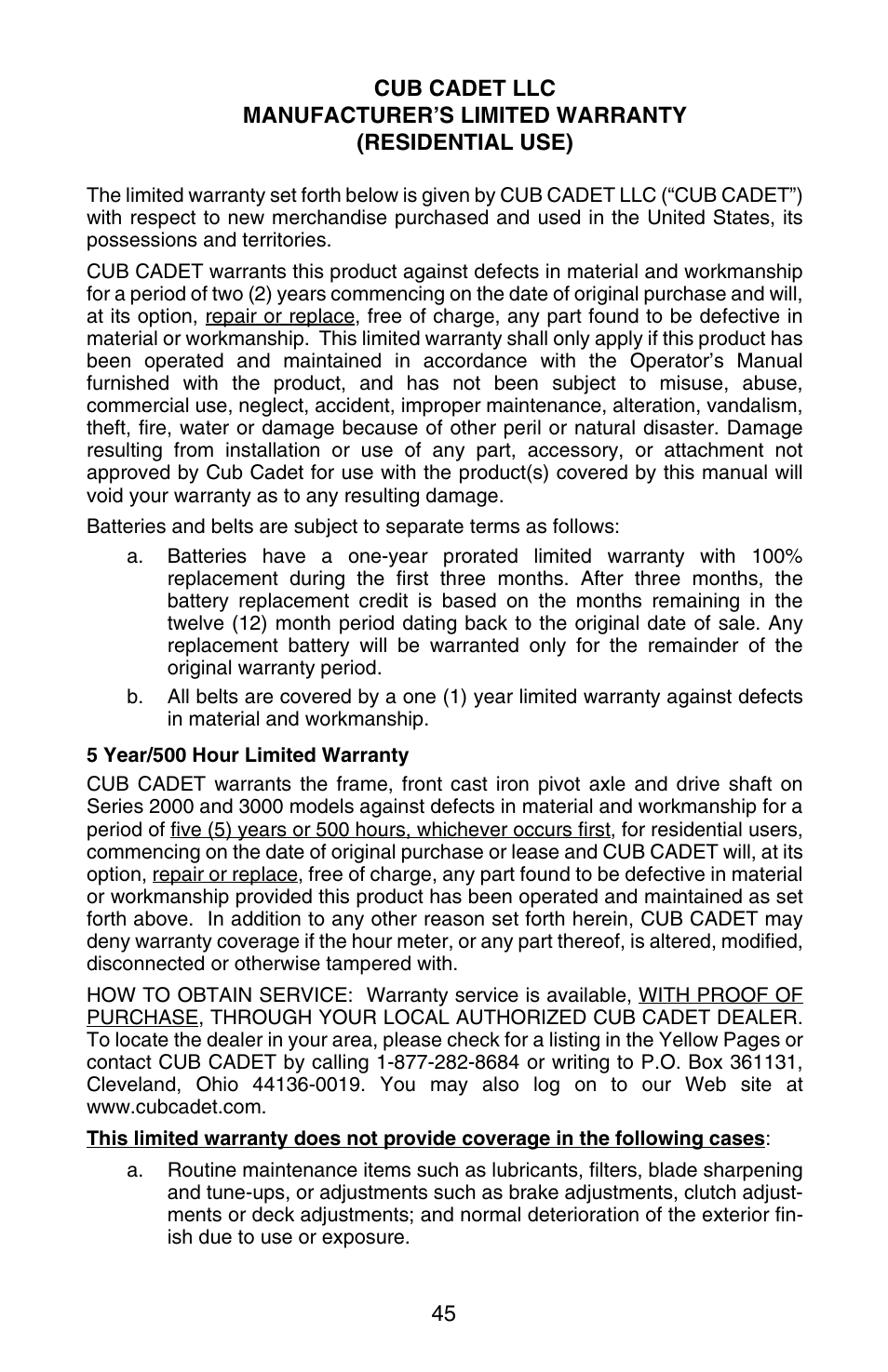 Cub Cadet GT 3200 User Manual | Page 45 / 48