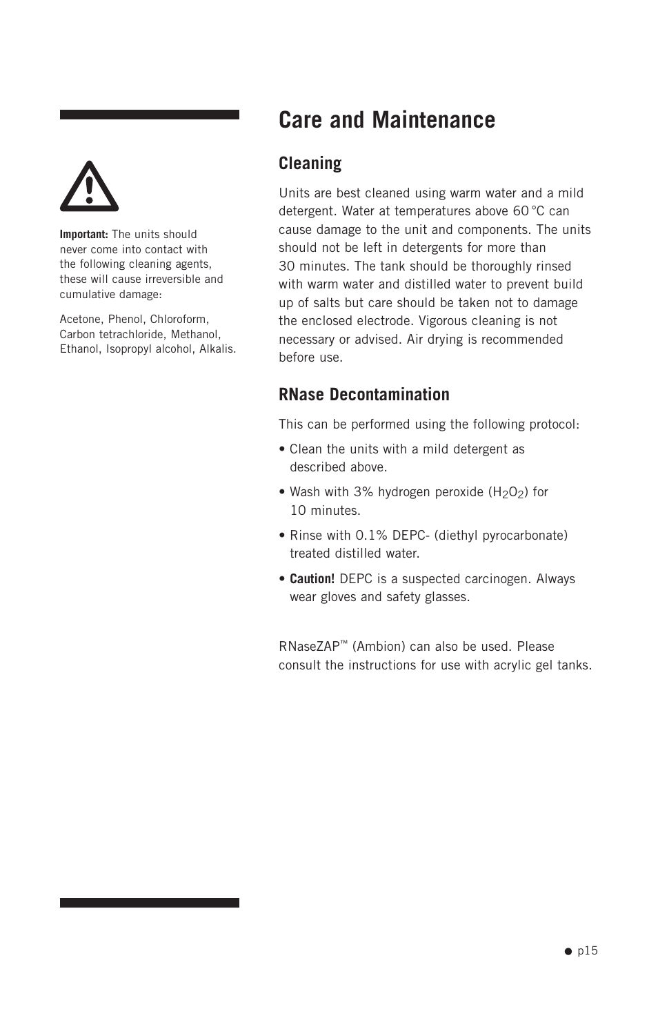 Care and maintenance, Cleaning, Rnase decontamination | Hoefer HE-PLUS System User Manual | Page 25 / 26