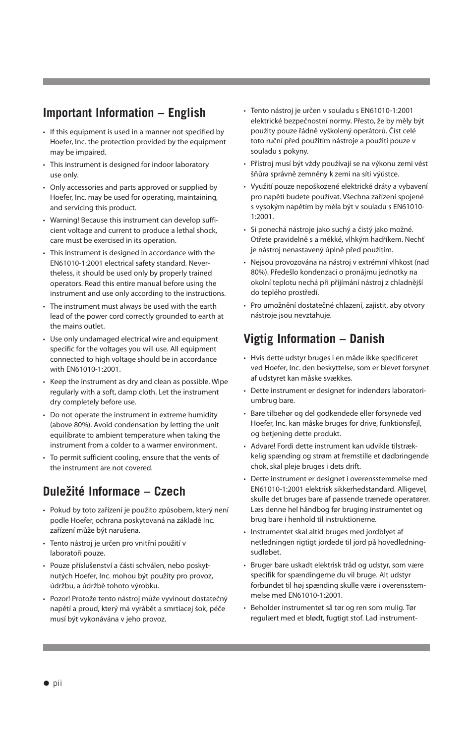 Important information – english, Duležité informace – czech, Vigtig information – danish | Hoefer HE-PLUS System User Manual | Page 3 / 26