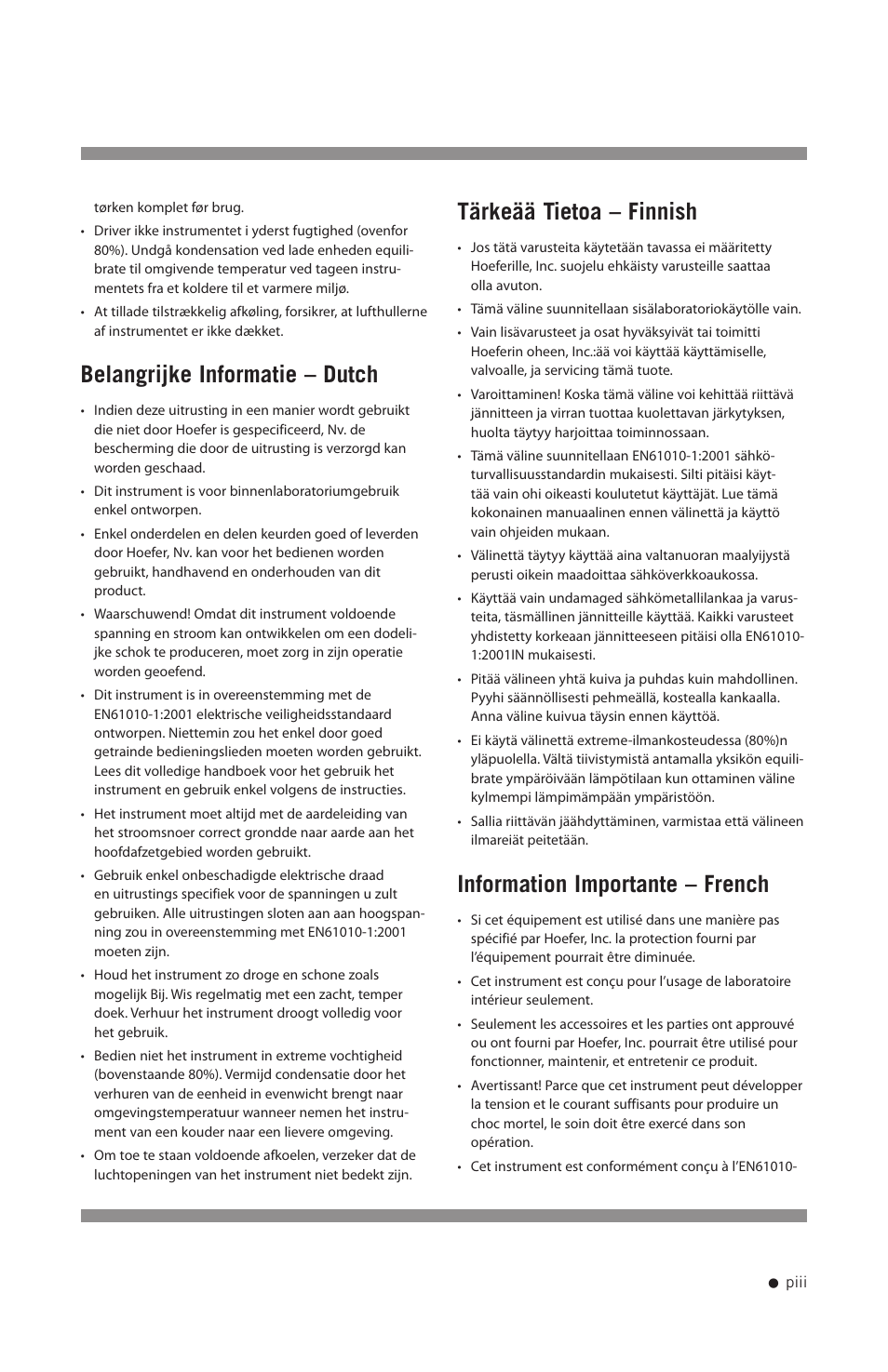 Belangrijke informatie – dutch, Tärkeää tietoa – finnish, Information importante – french | Hoefer HE-PLUS System User Manual | Page 4 / 26
