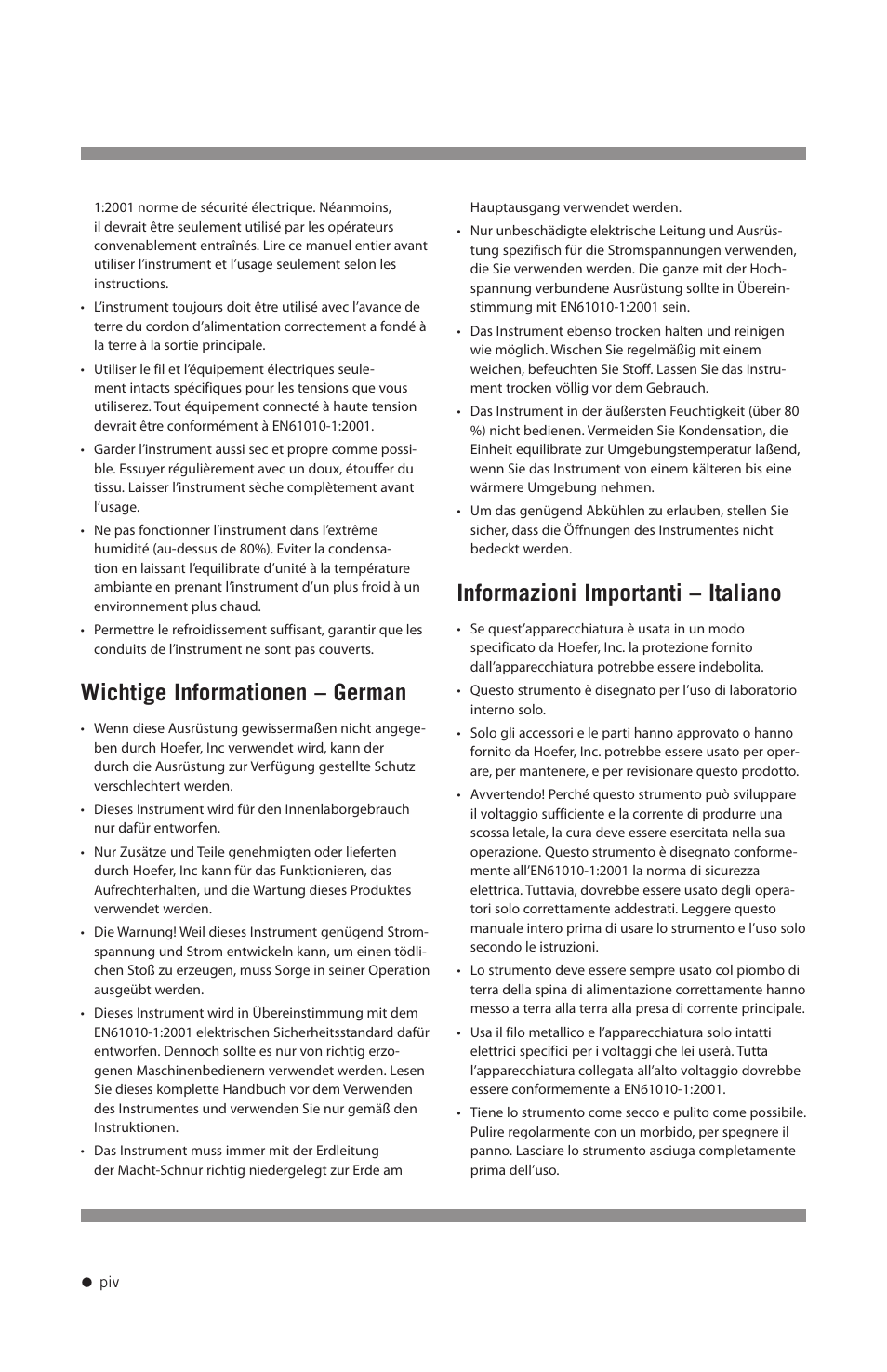 Wichtige informationen – german, Informazioni importanti – italiano | Hoefer HE-PLUS System User Manual | Page 5 / 26