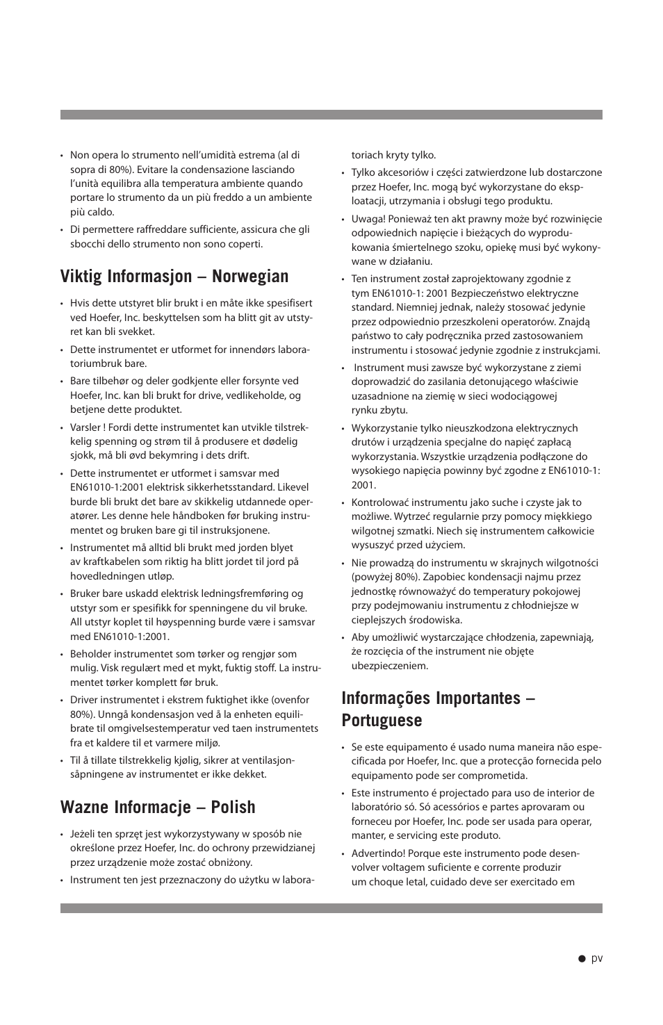 Viktig informasjon – norwegian, Wazne informacje – polish, Informações importantes – portuguese | Hoefer HE-PLUS System User Manual | Page 6 / 26