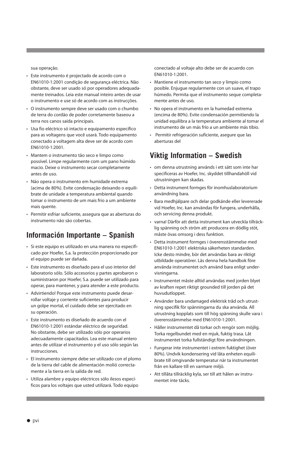 Información importante – spanish, Viktig information – swedish | Hoefer HE-PLUS System User Manual | Page 7 / 26