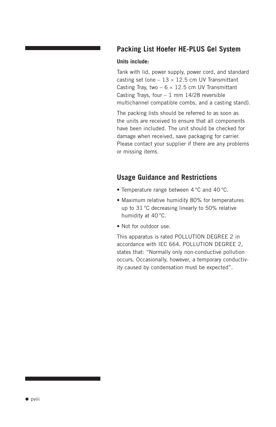 Packing list hoefer he-plus gel system, Usage guidance and restrictions | Hoefer HE-PLUS System User Manual | Page 9 / 26