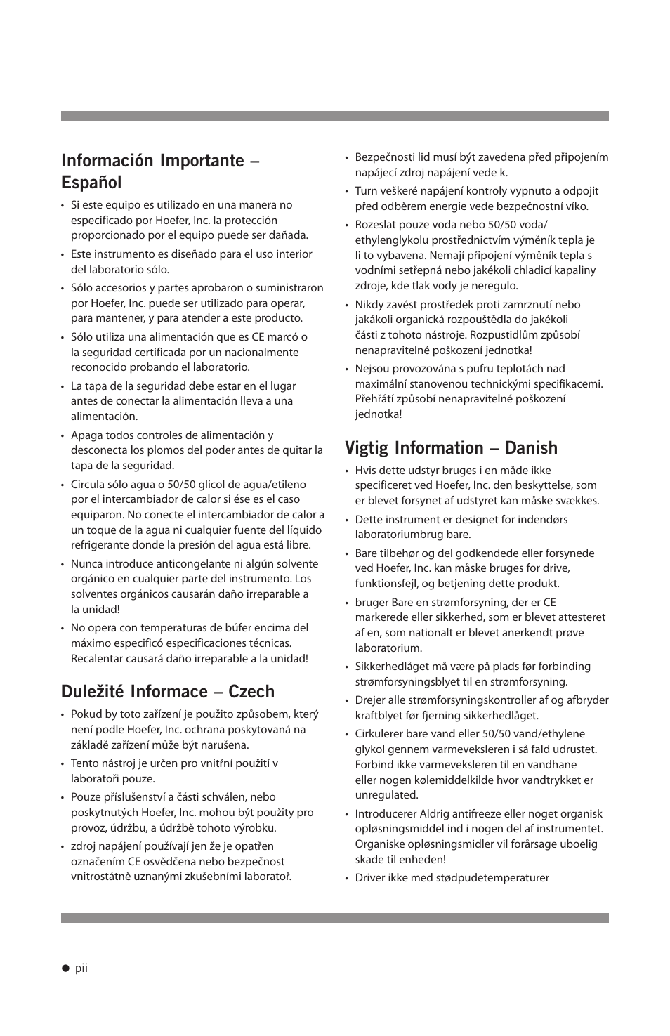 Información importante – español, Duležité informace – czech, Vigtig information – danish | Hoefer SUB Series User Manual | Page 3 / 31