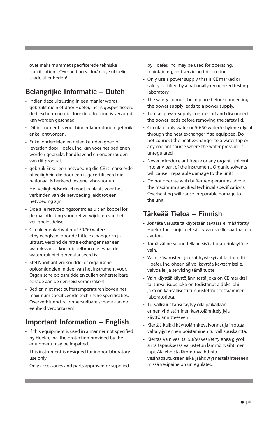 Belangrijke informatie – dutch, Important information – english, Tärkeää tietoa – finnish | Hoefer SUB Series User Manual | Page 4 / 31