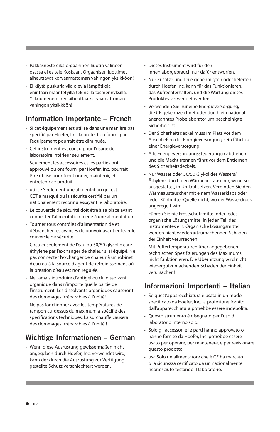 Information importante – french, Wichtige informationen – german, Informazioni importanti – italian | Hoefer SUB Series User Manual | Page 5 / 31