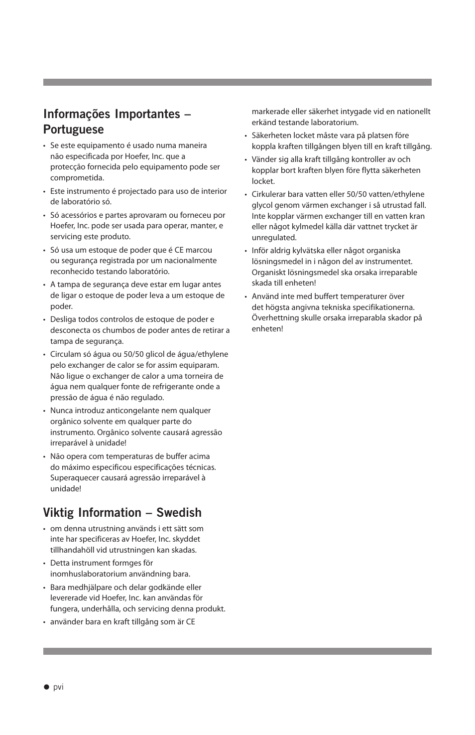 Informações importantes – portuguese, Viktig information – swedish | Hoefer SUB Series User Manual | Page 7 / 31