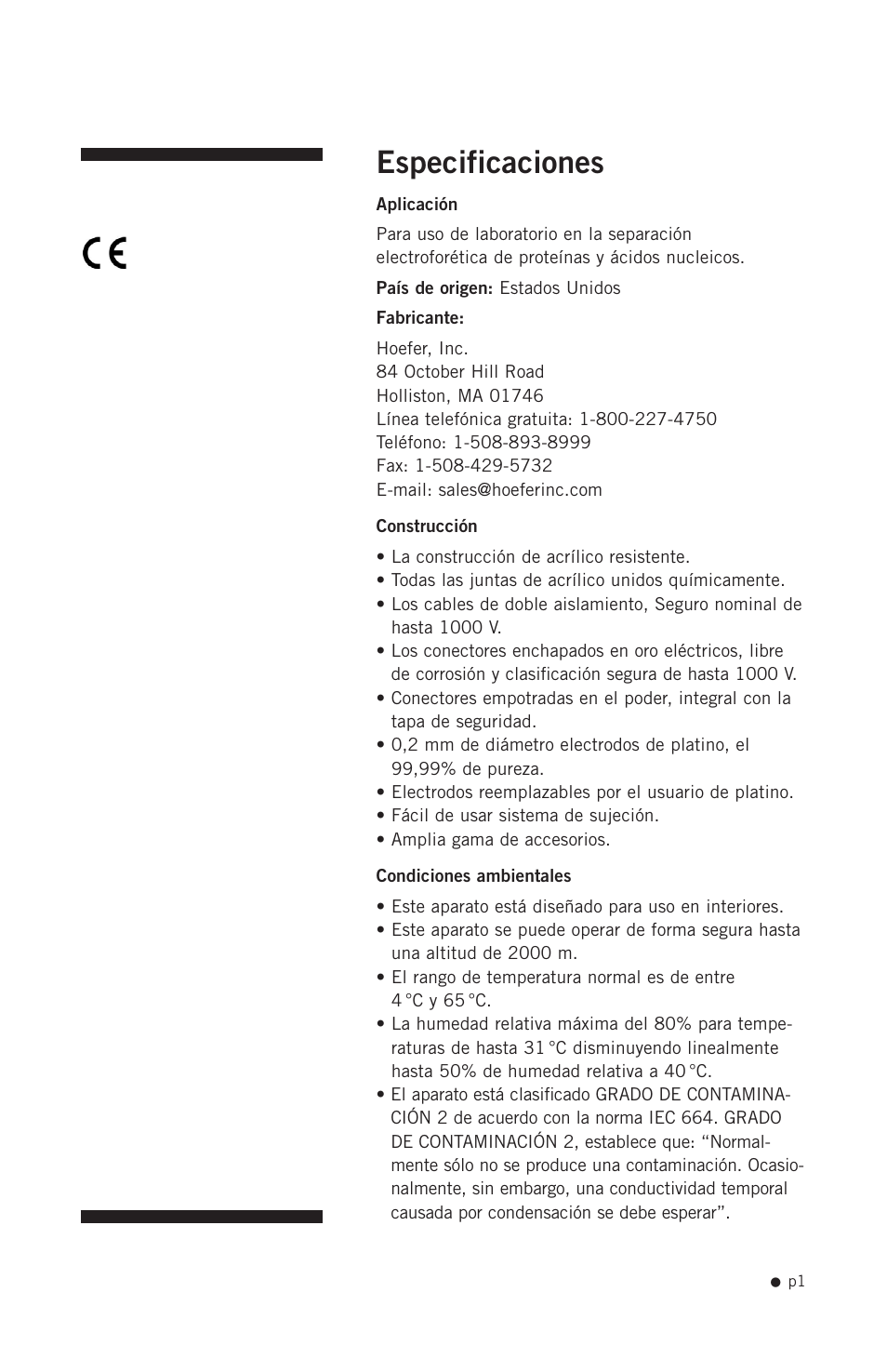 Especificaciones | Hoefer SUB Series User Manual | Page 9 / 31