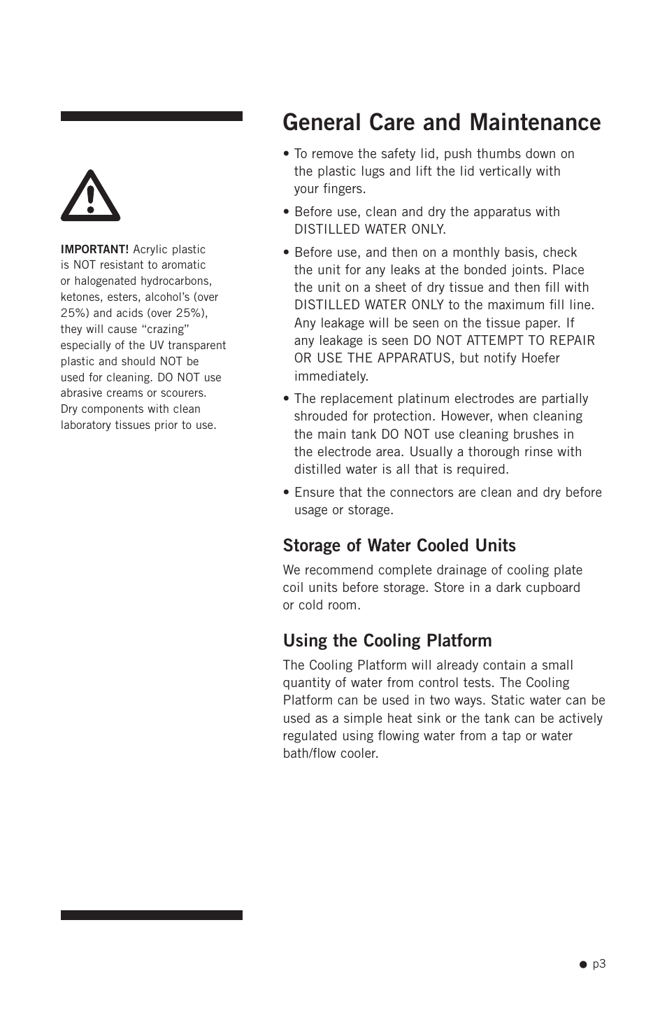 General care and maintenance, Storage of water cooled units, Using the cooling platform | Hoefer SUB Series User Manual | Page 11 / 31