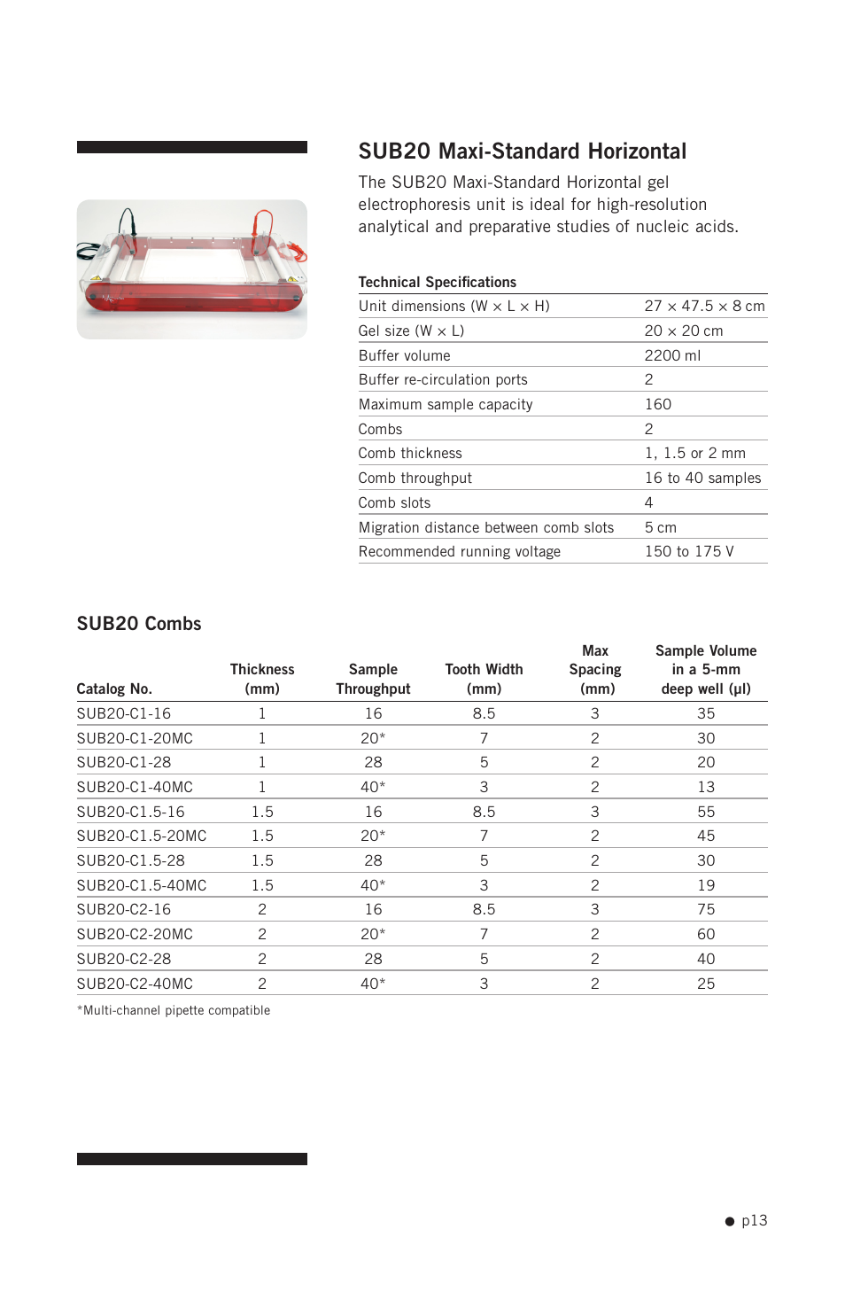 Sub20 maxi-standard horizontal, Sub20 combs | Hoefer SUB Series User Manual | Page 21 / 31