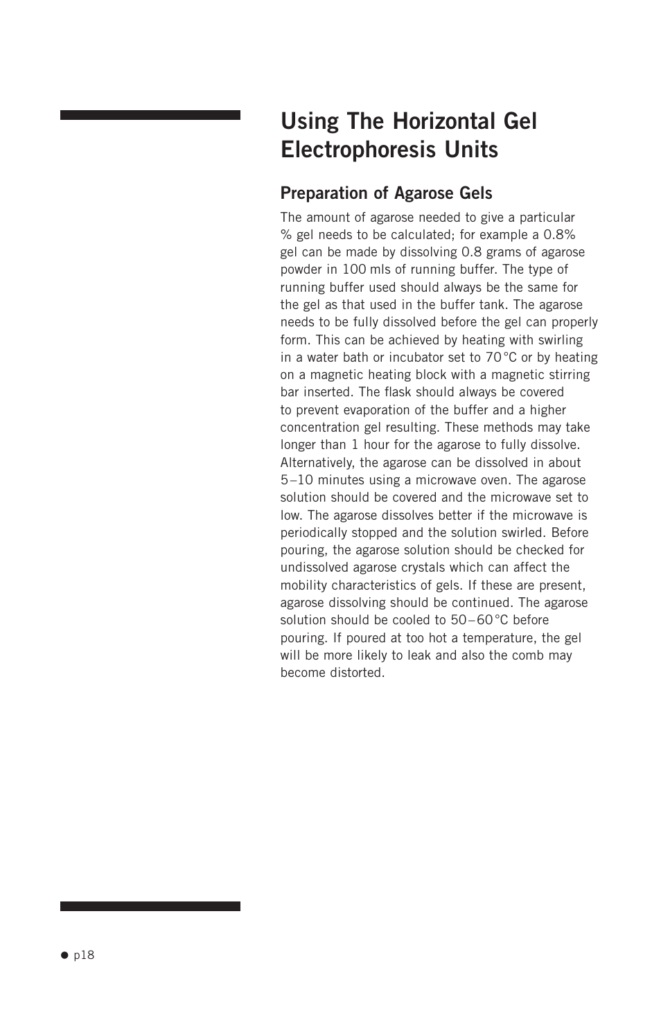 Using the horizontal gel electrophoresis units, Preparation of agarose gels | Hoefer SUB Series User Manual | Page 26 / 31