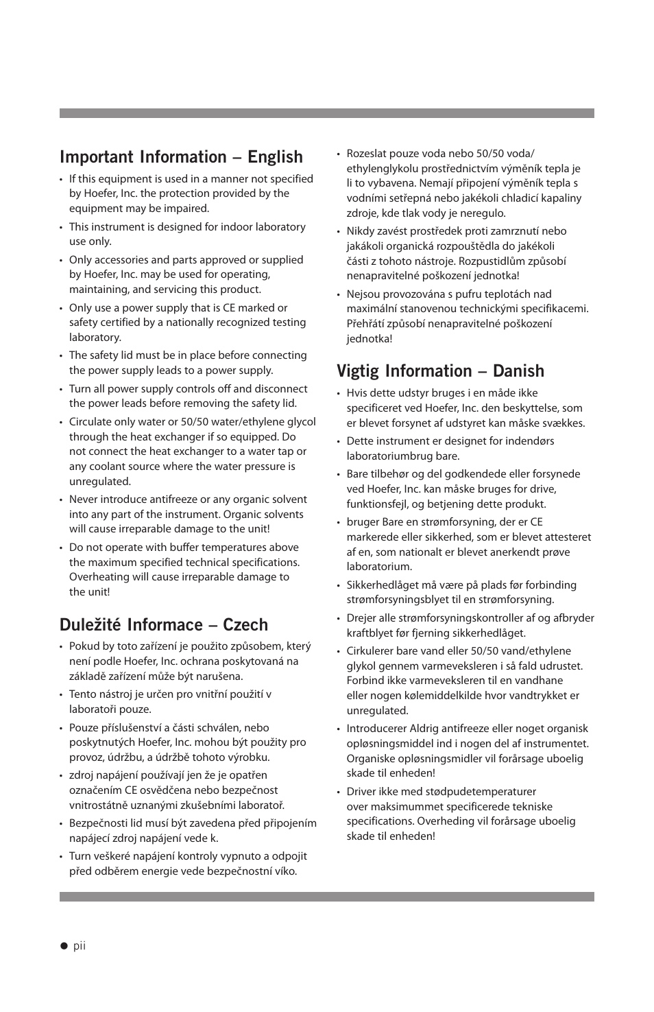 Important information – english, Duležité informace – czech, Vigtig information – danish | Hoefer SUB Series User Manual | Page 3 / 31