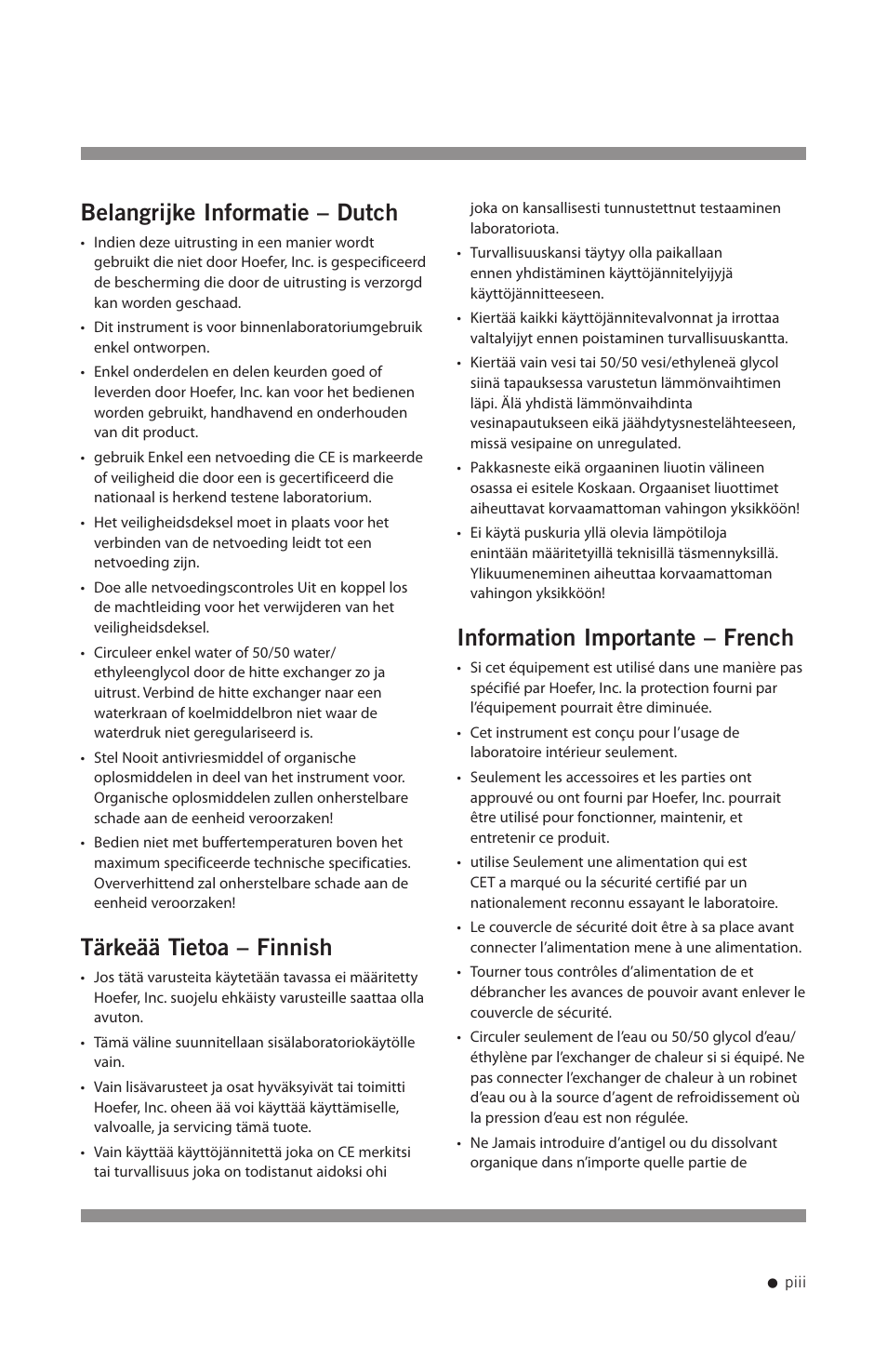 Belangrijke informatie – dutch, Tärkeää tietoa – finnish, Information importante – french | Hoefer SUB Series User Manual | Page 4 / 31