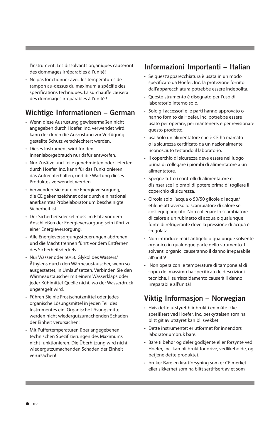 Wichtige informationen – german, Informazioni importanti – italian, Viktig informasjon – norwegian | Hoefer SUB Series User Manual | Page 5 / 31