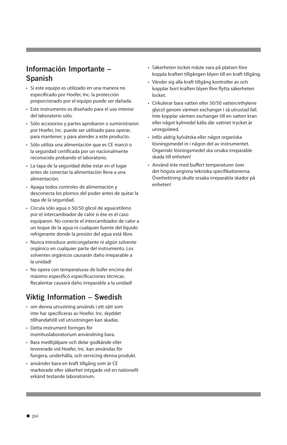 Información importante – spanish, Viktig information – swedish | Hoefer SUB Series User Manual | Page 7 / 31