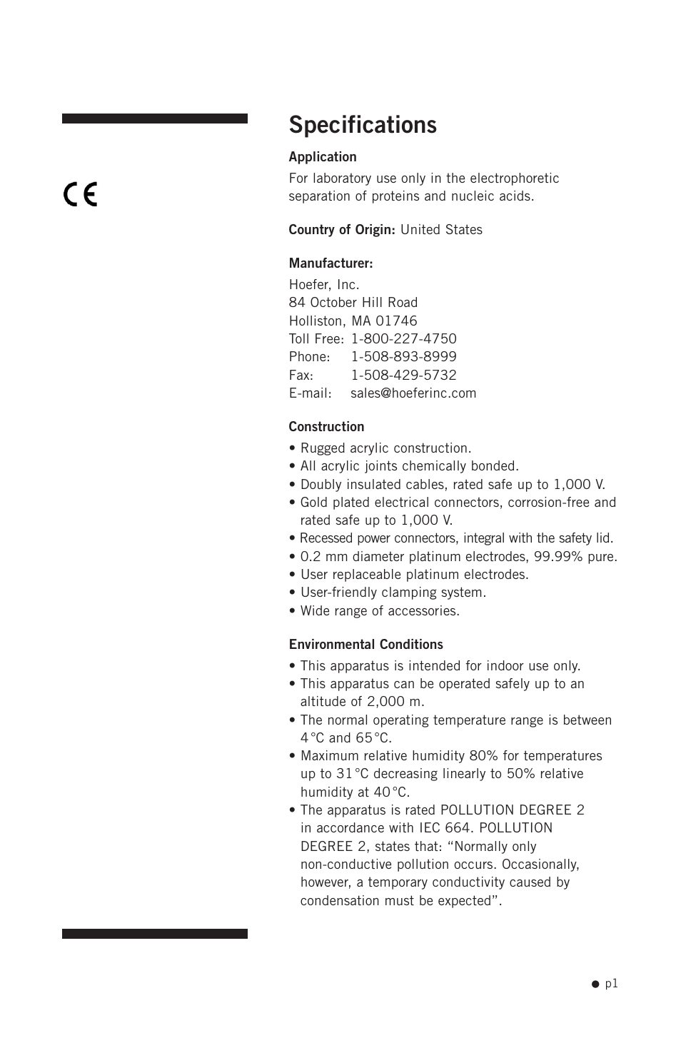 Specifications | Hoefer SUB Series User Manual | Page 9 / 31